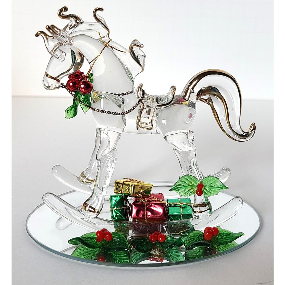 Christmas Glassical Expressions Holly Rocking Horse Hand Sculpted Glass 22K Trim